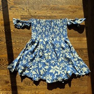 Zara Tropical Floral Off-Shoulder Blue and Cream Ruffle Romper L